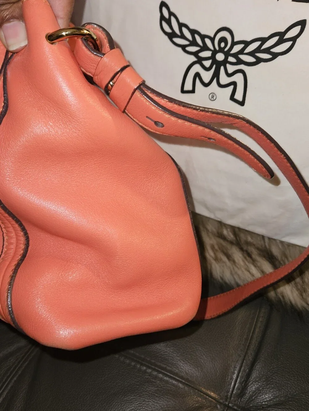 MCM Coral Orange Leather Top-Handle Satchel with Strap
